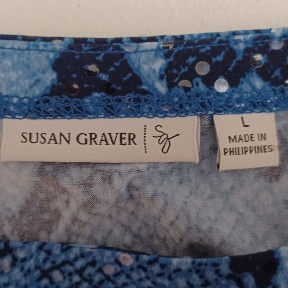 Women's Susan Graver Blue Snake Skin Sequin w/ Peek A Boo Sleeve Slit's Large - Picture 8 of 9